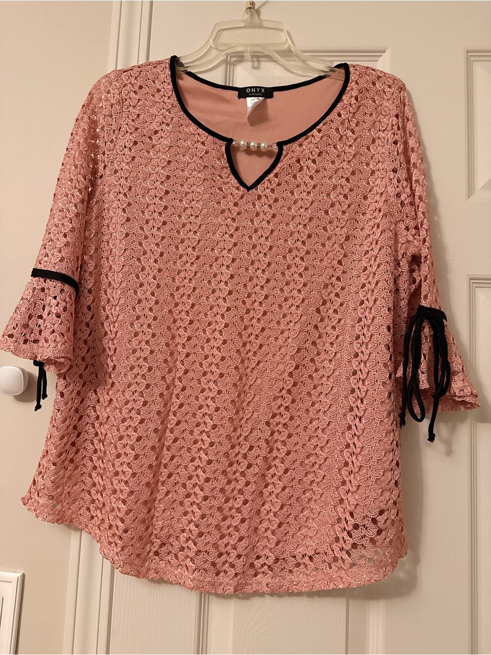 Onyx Blush Lace Top with Pearl Accent and Black Trim